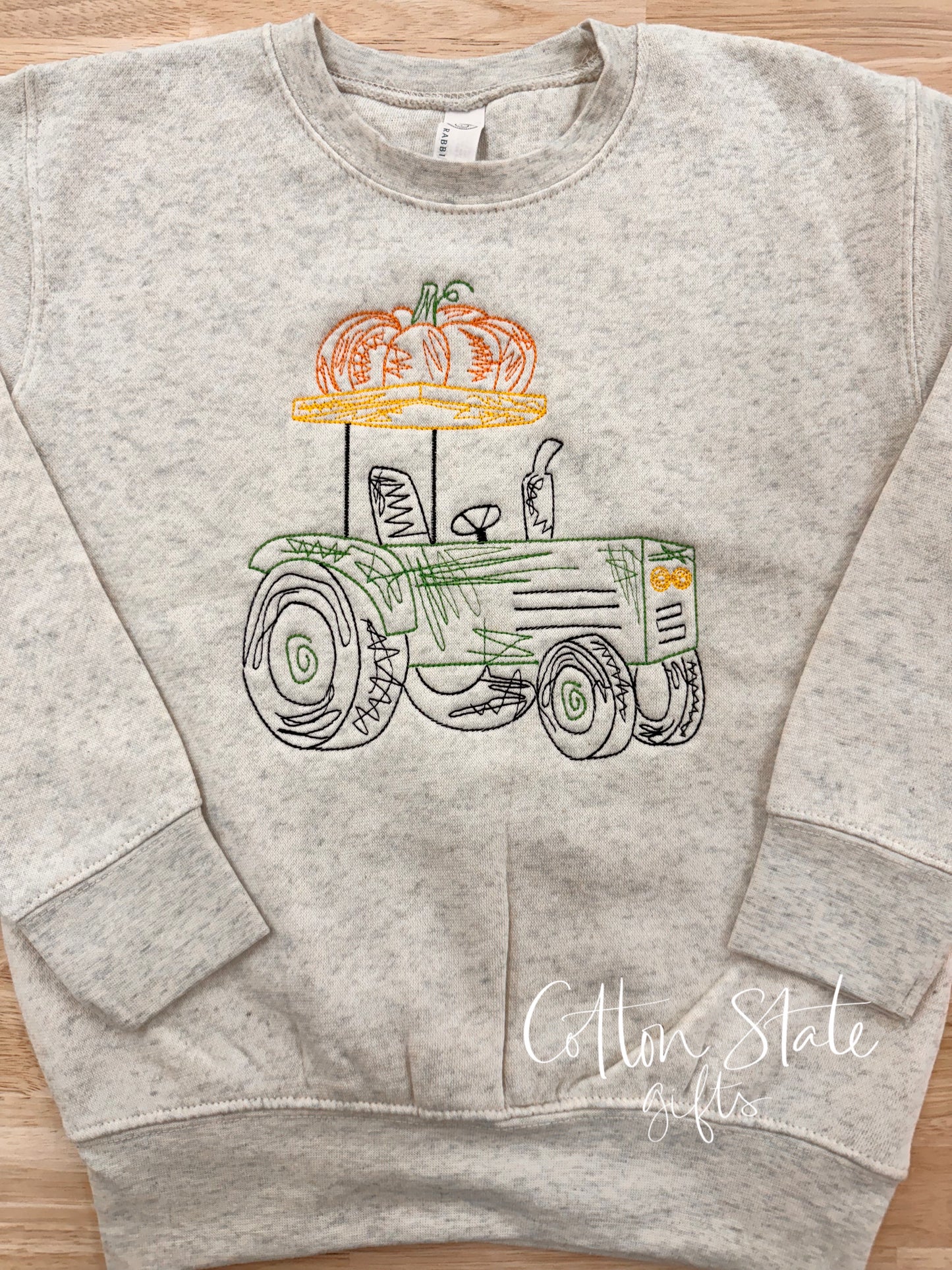 Scribble Pumpkin Tractor Monogramed Youth Crewneck Sweatshirt